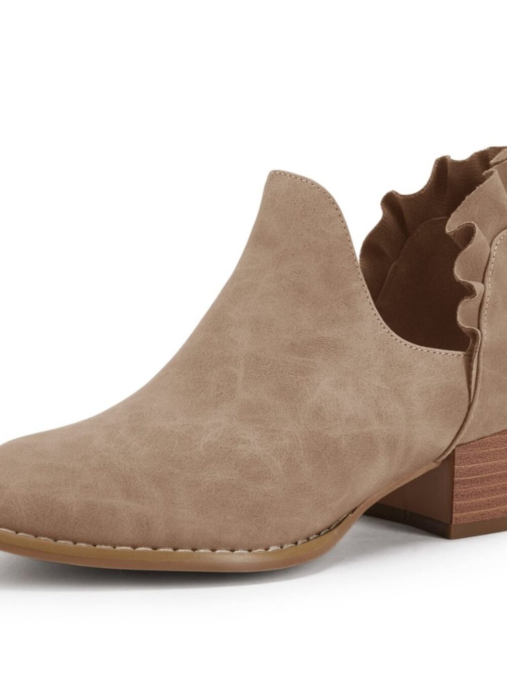 Womens Ruffled Ankle Boots V Cut Out Pointed Toe Chunky Low Heel Dressy Western